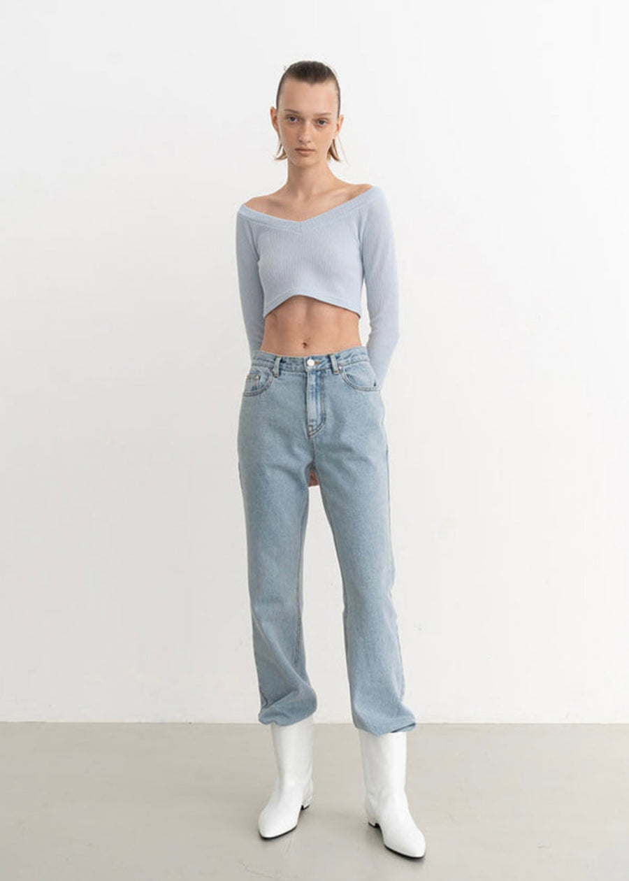 [LEHA] V NECK RIBBED STRETCH COTTON JERSEY TOP -2COLORS