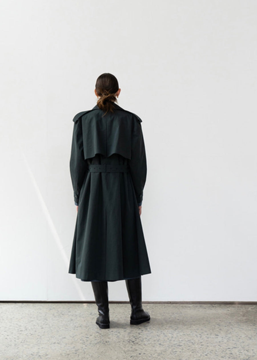 [LEHA] OVERSIZED COLLAR TRENCH COAT -DARK GREEN