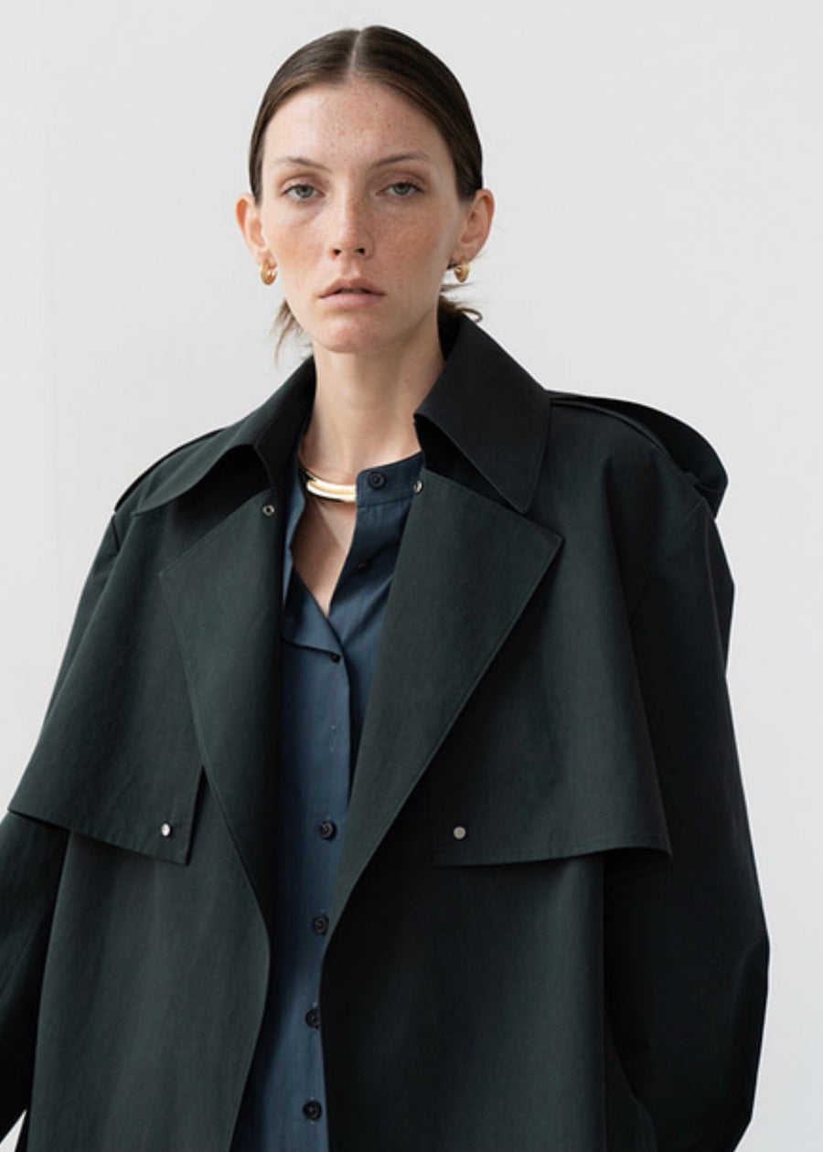 [LEHA] OVERSIZED COLLAR TRENCH COAT -DARK GREEN