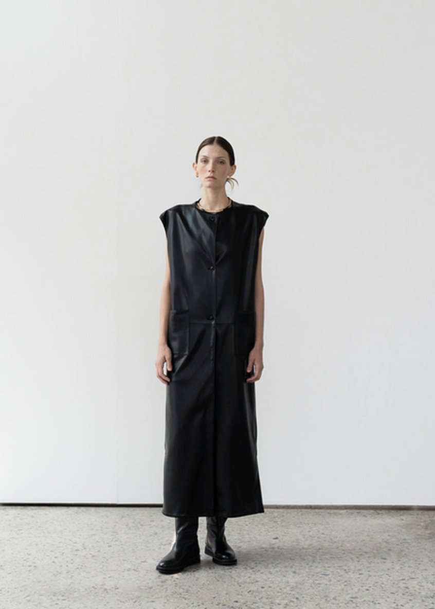 Tetra eco leather maxi vest coat (black)