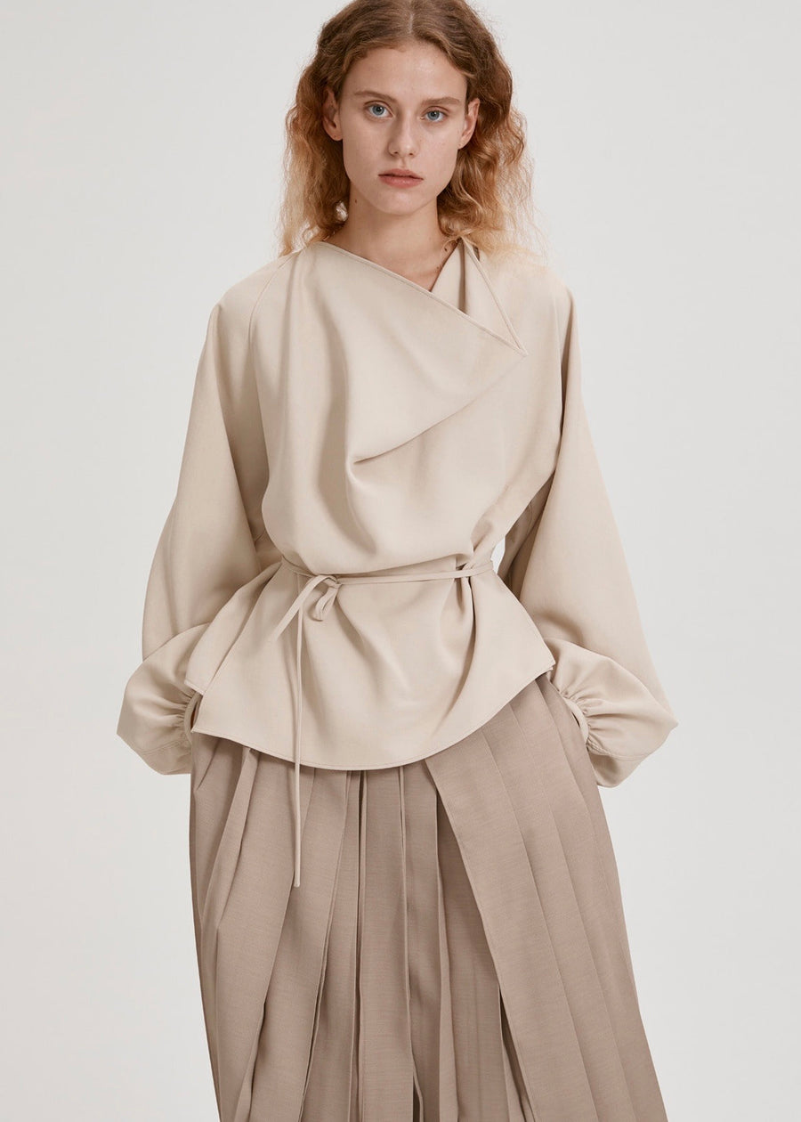 DRAPED WRAP BLOUSE (YELLOW BEIGE) | RECTO.