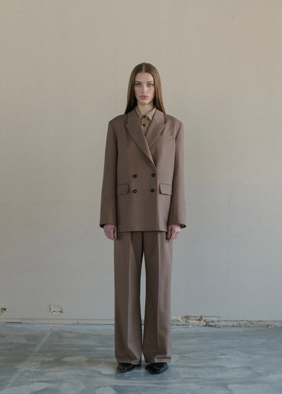 [LEHA] WOOL BLENDED PINTUCKED WIDE TROUSERS-BROWN