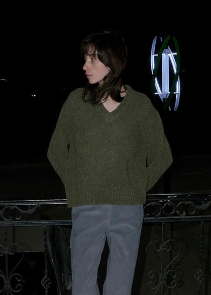 [MOIA] Mix v-neck sweater -Forest