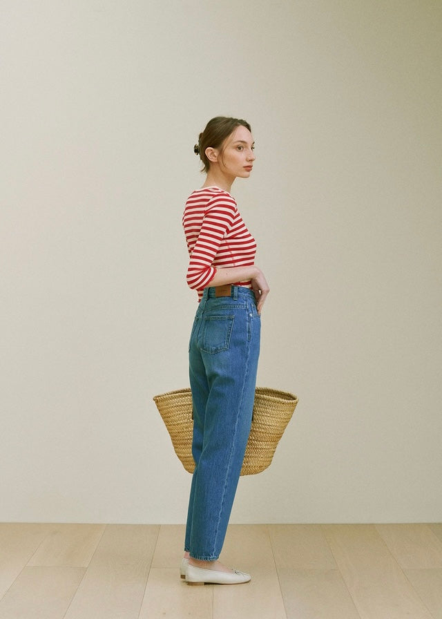Button Ribbed Slim top  (Red stripe)