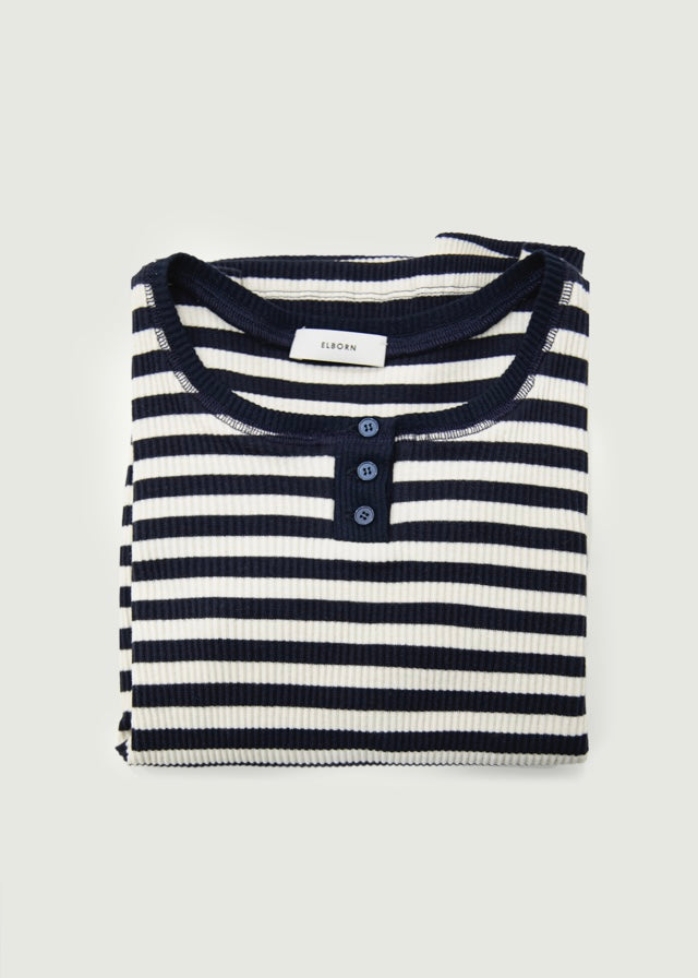 Button Ribbed Slim top  (Navy stripe)