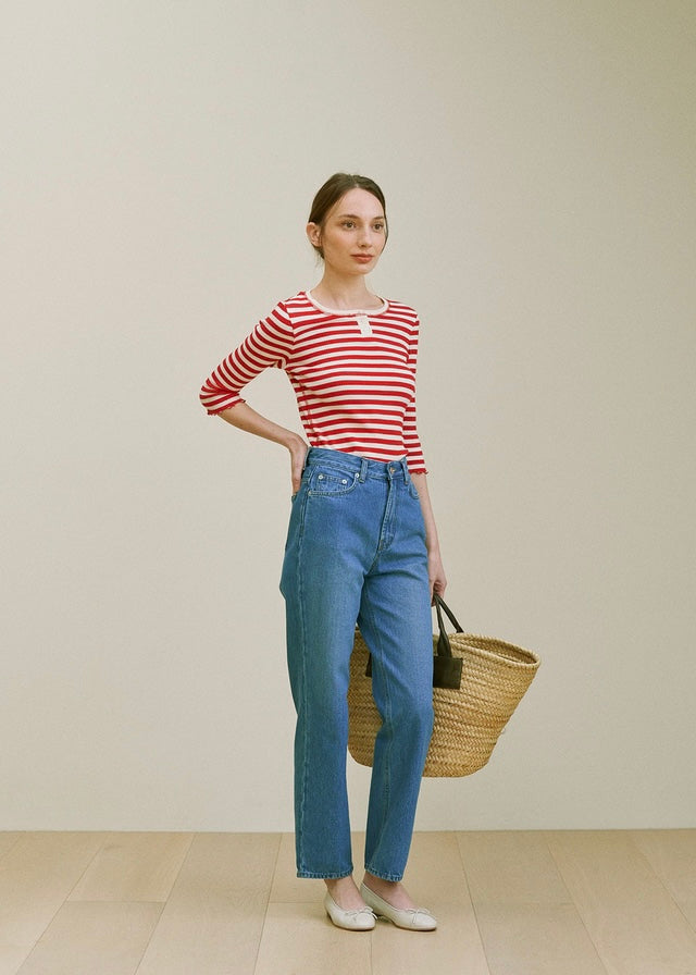 Button Ribbed Slim top  (Red stripe)